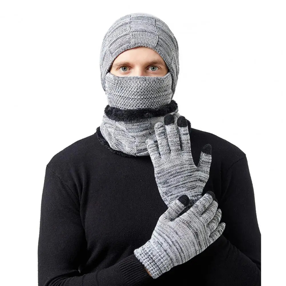 3Pcs/Set Winter Hat Gloves Neck Warmer Stretchy Knit Hat Gloves Neck Warmer Winter Men Ladies Knit Cap Gloves Scarf Kit