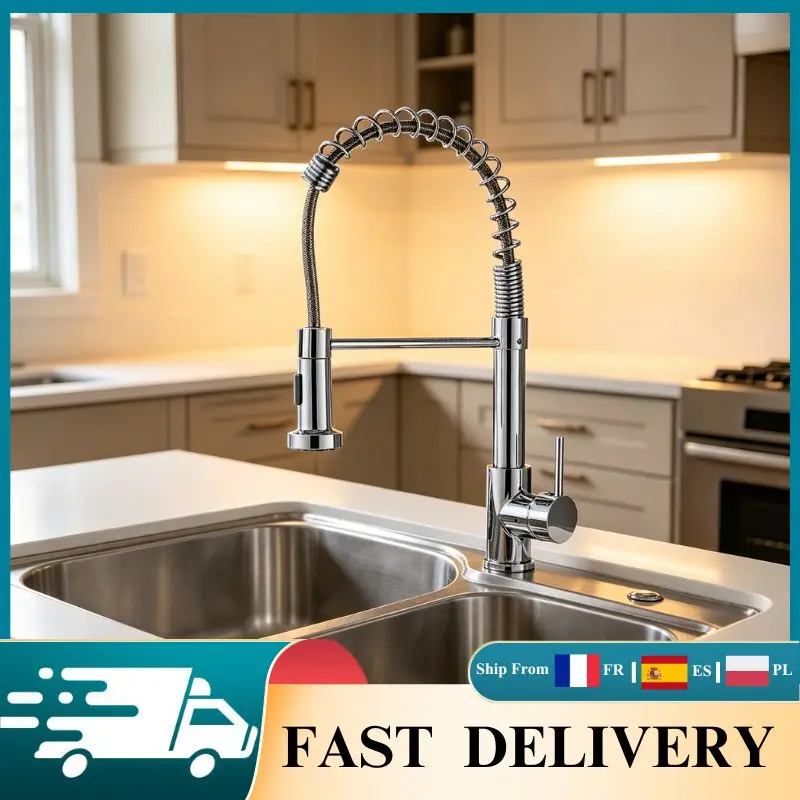 Robinet de cuisine en laiton avec douchette à ressort, mitigeur eau chaude et froide 360° °   Robinet d'évier pivotant avec douchette pour cuisine domestique à double évier