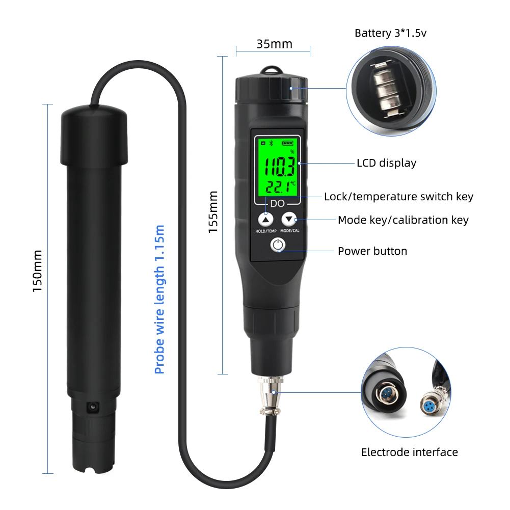 BLE-9100 Smart Bluetooth Dissolved Oxygen Meter 0-30mg/L Professional Aquaculture Do Analyzer Tester for Fish Tank Brewing Wine