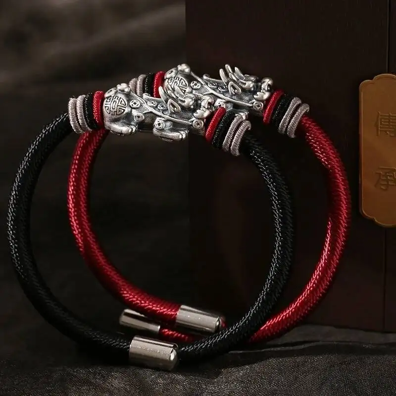 

999 Sterling Silver Pixiu 6MM Rope Adjustable Bracelets For Men Trendy Handmade Braided Rope Knot Bangle Wealth Lucky Gift