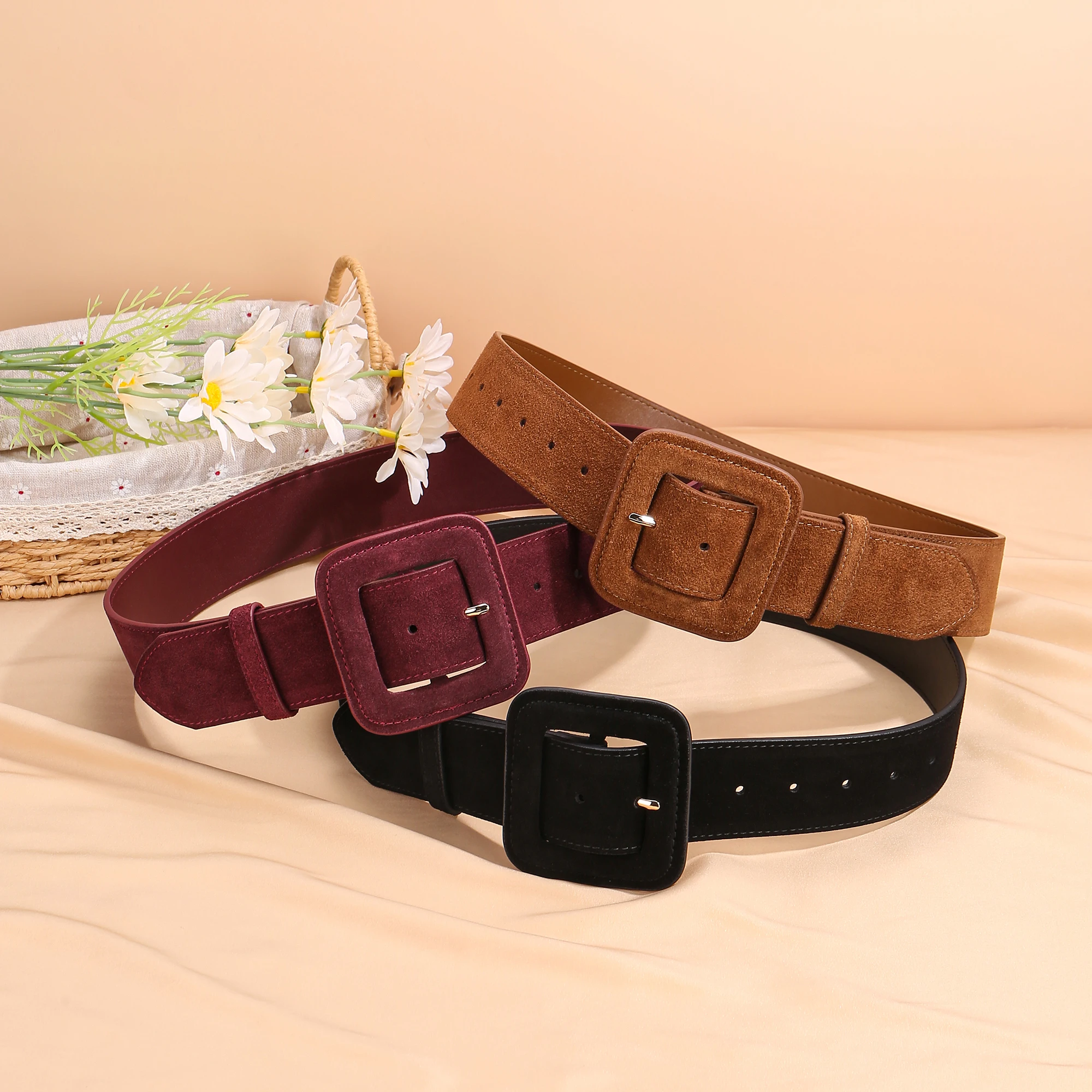 

Fashion 4.8 width women's belt cowhide Suede Stitched Edge Self-Covered Buckle Belt suitable for coat luxury decoration