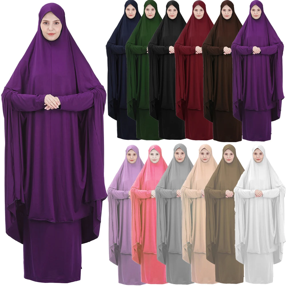 

2 Pieces Set Eid Ramadan Muslim Women Overhead Khimar Caftan Islamic Prayer Garment Niqab Skirt Hijab Dress Abaya Kaftan Robe