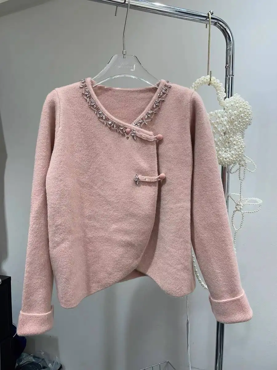 

Chinese Style Chothes Autumn Winter Diamond Bead Sweater Coat Women Cardigans Soft Cashmere Wool V-Neck Short Coat Knitwear X435