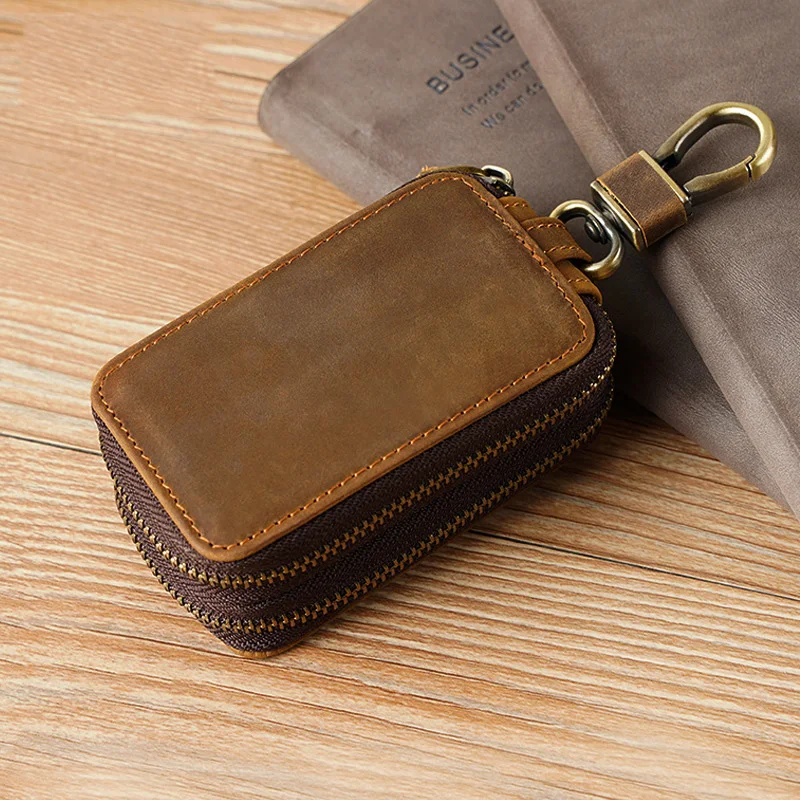 Crazy Horse leather key chain bag double zipper leather car key bag General Motors multi-purpose home double key bag keycase