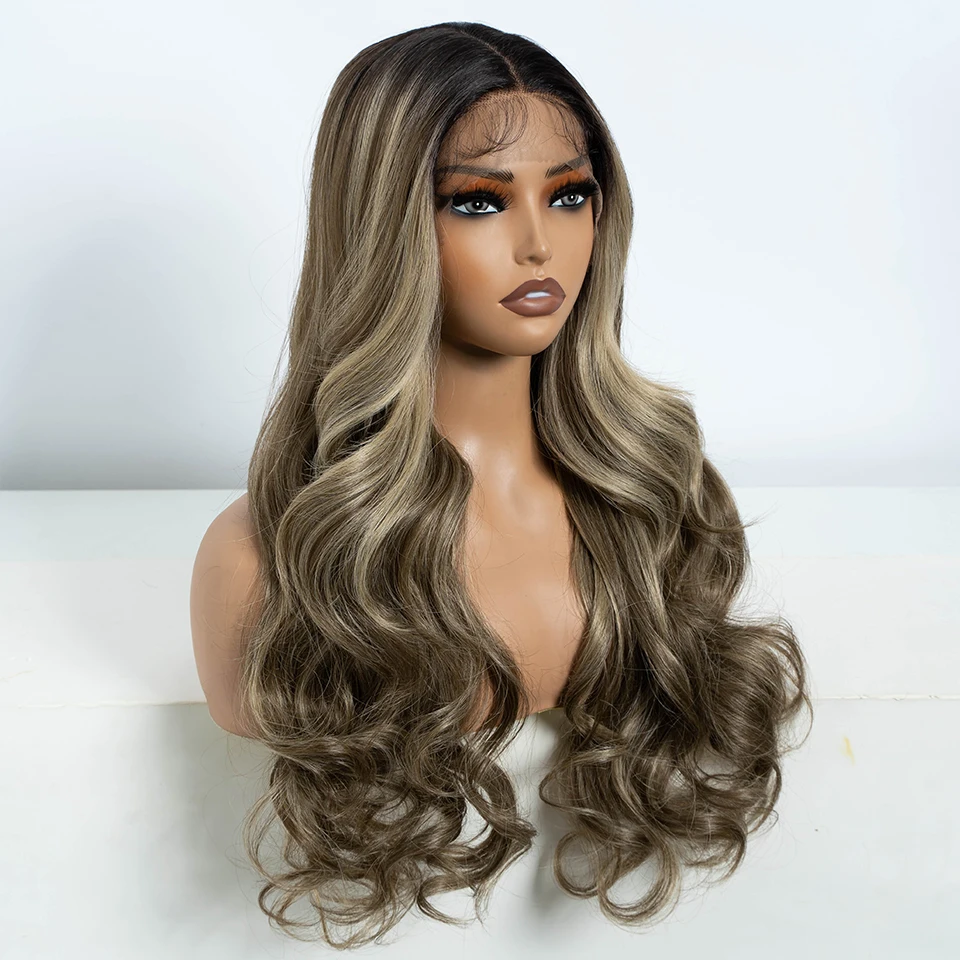FREEDOM Synthetic Lace Front Wigs For Women 24 Inch Long Wavy Ombre Blonde Brown Lace Wig Heat Resistant Cosplay Lace Wigs