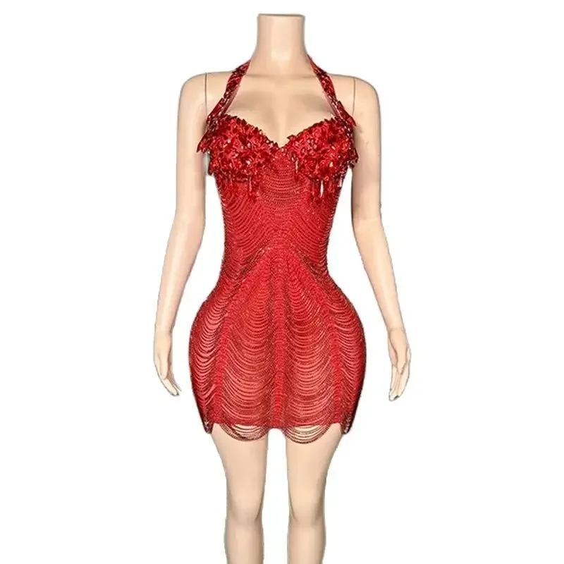 Rhinestones Evening Dresses Party Festival Outfit Red Silver Singer Gogo Costumes Stage Performance Clothes