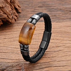 Geometric Natural Tiger Eye Men's Bracelet, Hyperbole Double Leather Rope Chain, Real Stone Bracelets For Man Women Jewelry