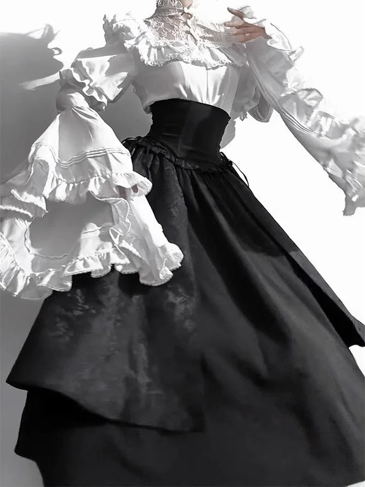 Gothic Lolita Long Skirt Set Women's High Waist Shirt Sleeve Elegant Vintage Style Spring Fashion Outfit Dark Theme view 3