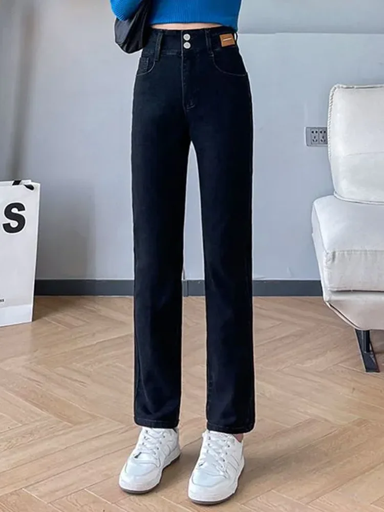 ผู้หญิงสบายๆวินเทจตรงกางเกงยีนส์เกาหลีแฟชั่นเอวสูงStreetwearยืดกางเกงยีนส์กางเกงฤดูใบไม้ผลิฤดูใบไม้ร่วงผอมSolid Vaqueros