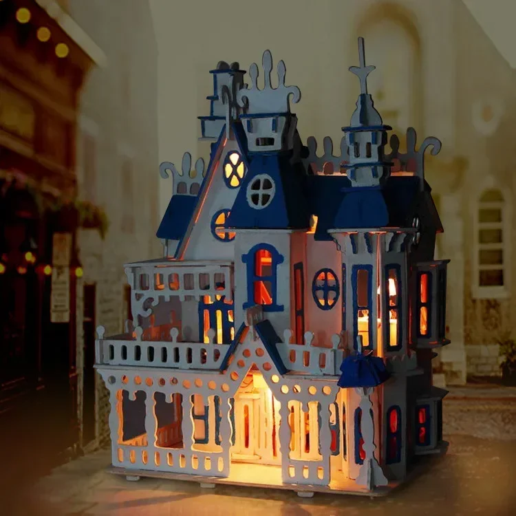 [Grappig] Sunshine Alice Dream Villa kasteel licht DIY Houten Miniatura Poppenhuis Meubels Handgemaakte 3D bouwstenen meisje speelgoed