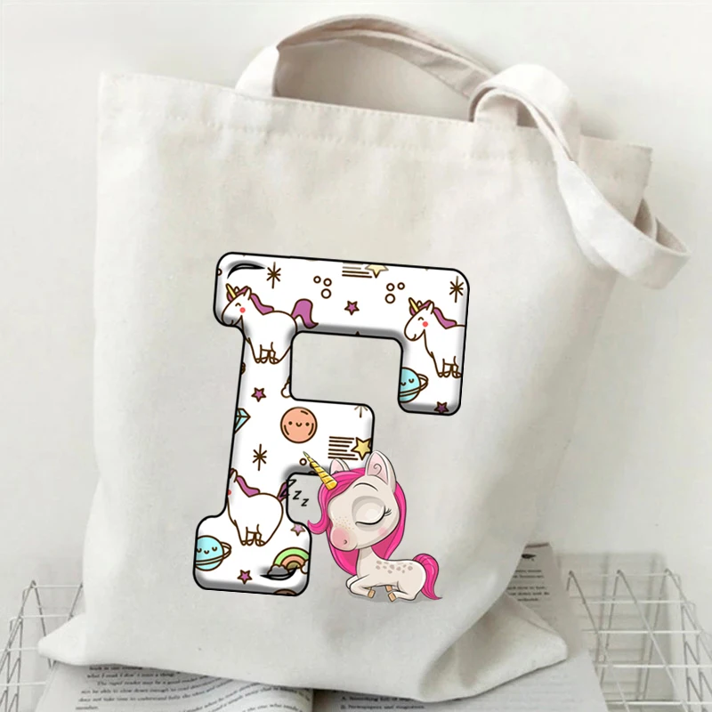 Woman’s Unicorn Alphabet White Print Tote Bag Harajuku Shopping Bags Unisex Cartoon Style Cute Unicorn Shopper Shoulder Bag