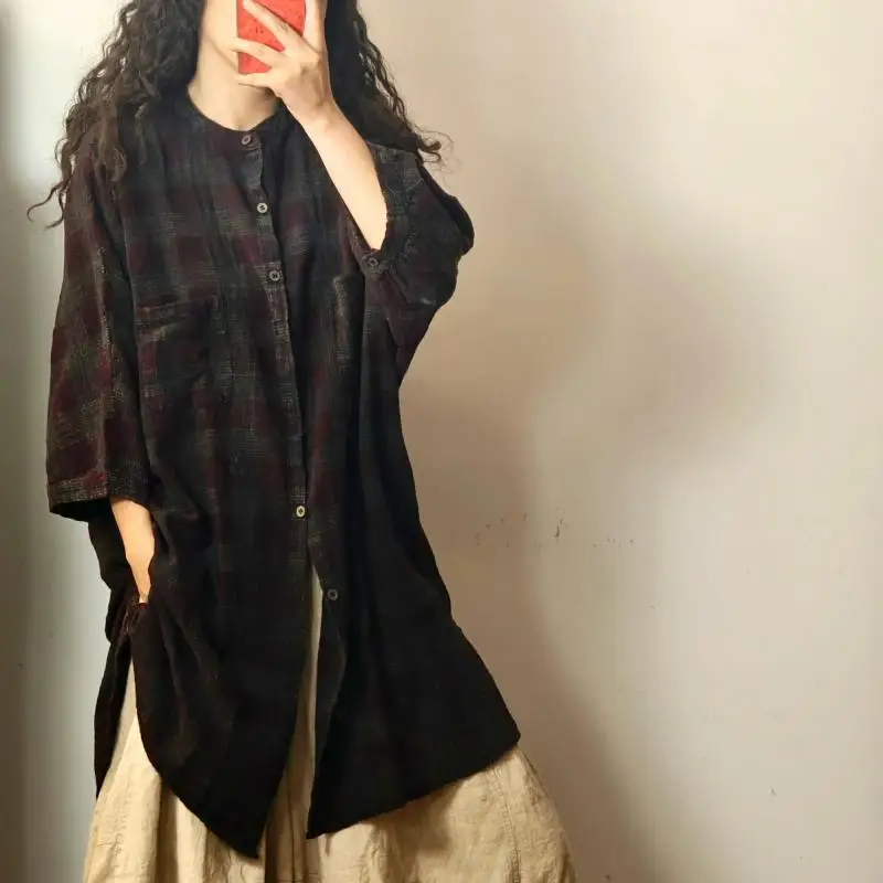 New Arrival 2026 Spring Summer Arts Style Women 3/4 Sleeve Loose Blouse Casual Plaid Cotton Linen Vintage Mid-length Shirt Y79