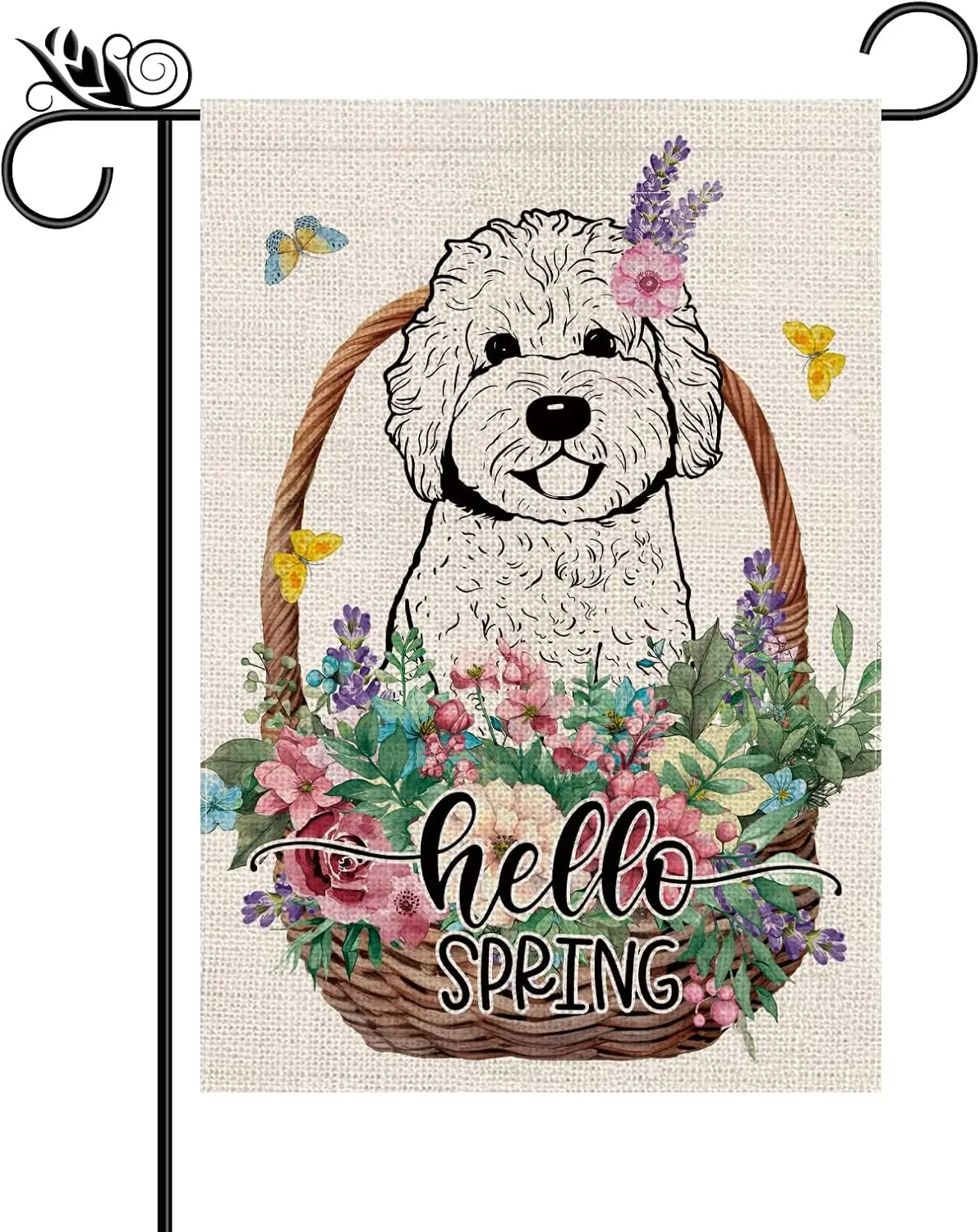 Hello Spring Garden Flag Golden Doodle Dog Arpillera Vertical de doble cara Fiesta navideña Decoraciones de patio al aire libre 12,5 x 18 pulgadas
