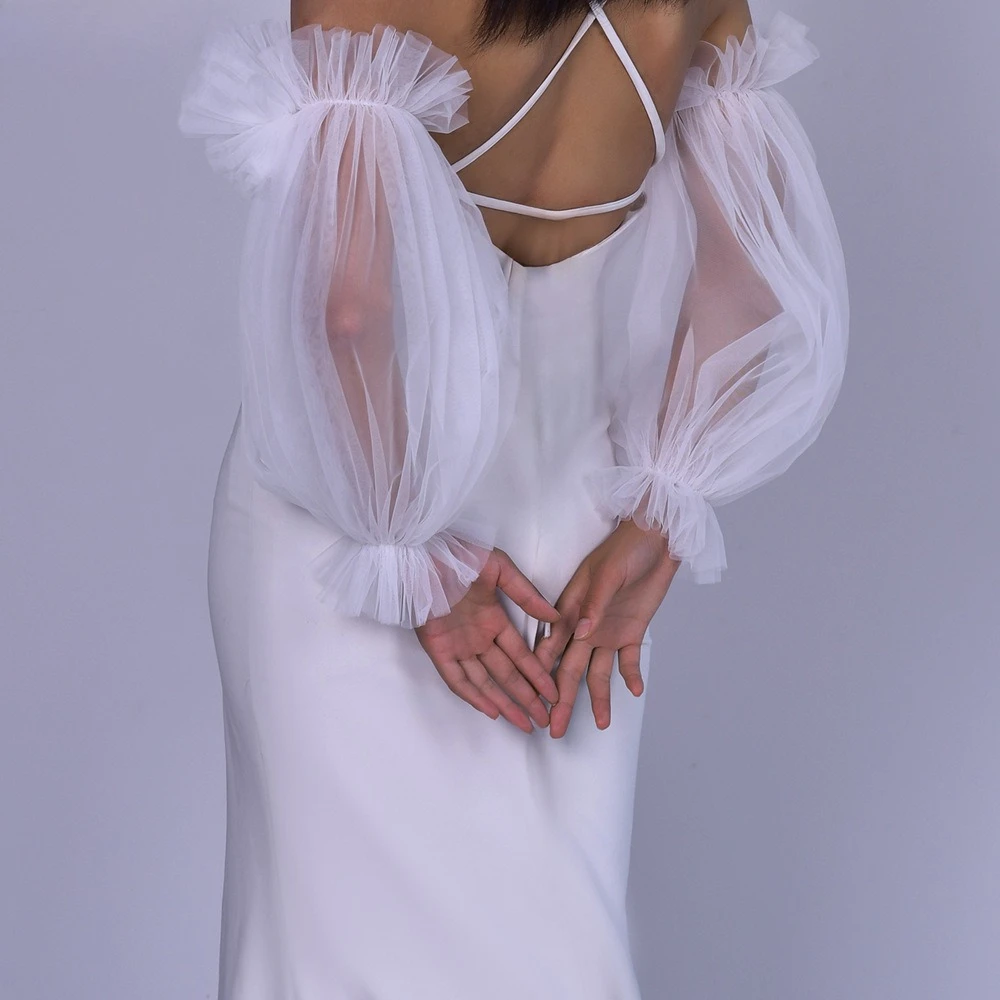 فستان زفاف بأكمام العروس، أكمام شبكية على شكل زهرة يغطي الذراع بدون حمالات، إكسسوارات الزفاف