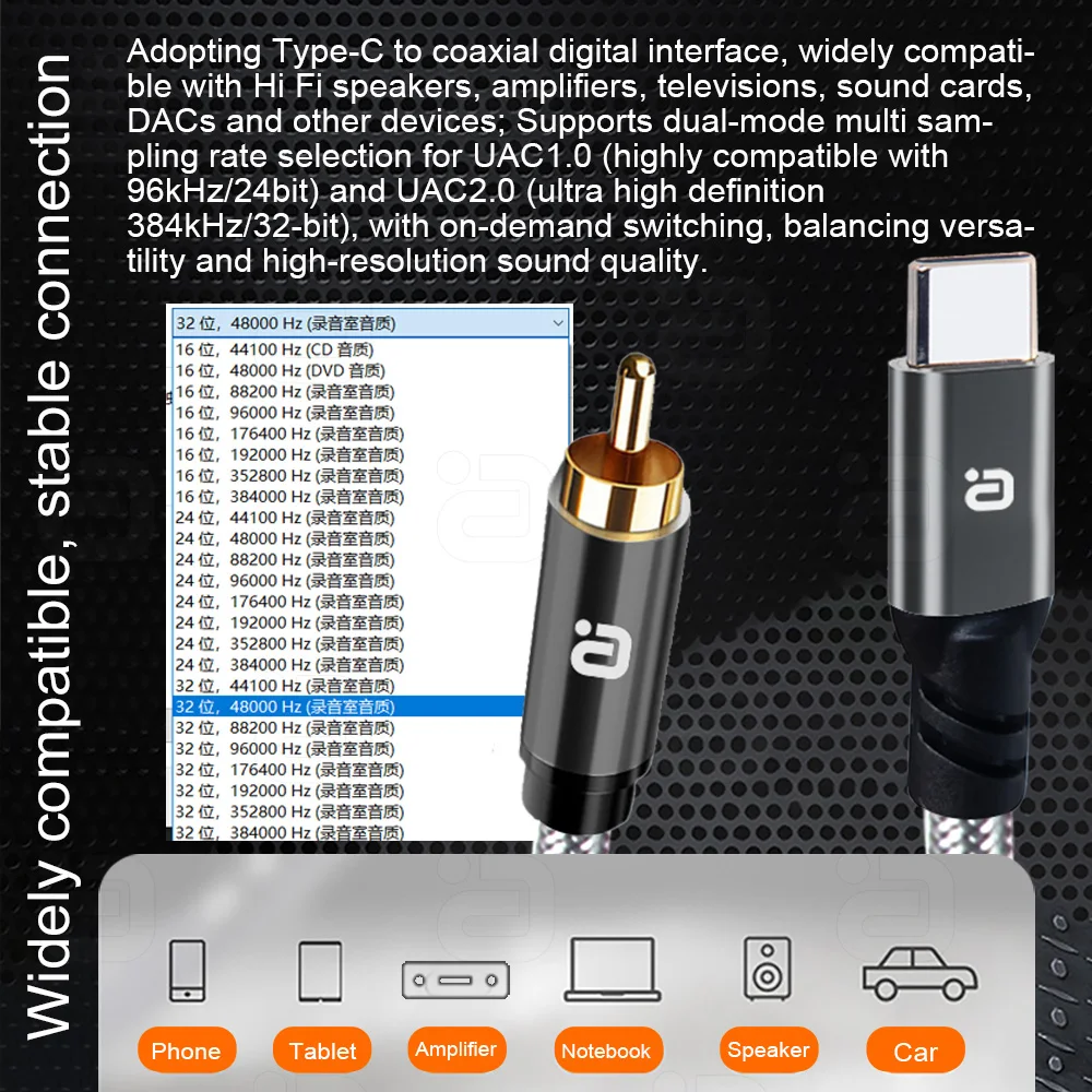 Kabel USB-C do koncentrycznego, adapter audio Type-C na cyfrowe RCA, przewód Spdif do dekodera DAC, wzmacniacza, przedwzmacniacza dźwięku 384K/32Bit — zdjęcie produktu 5