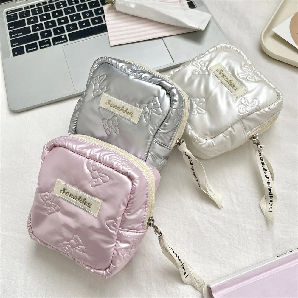 Bow Print Cute Mini Cosmetic Bag Women Makeup Lipstick Storage Pouch Sanitary Napkins Storage Bag Portable Tampon Organizer Bag