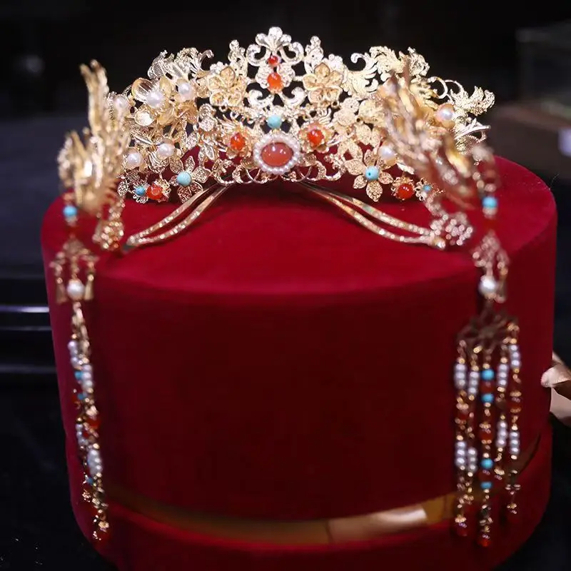 

Tuinga Suit Wedding Clothes Headdress Gorgeous Heavy Industry Ming Coronet Tassel Pick Hairpin Chinese Bridal Hair Accessories