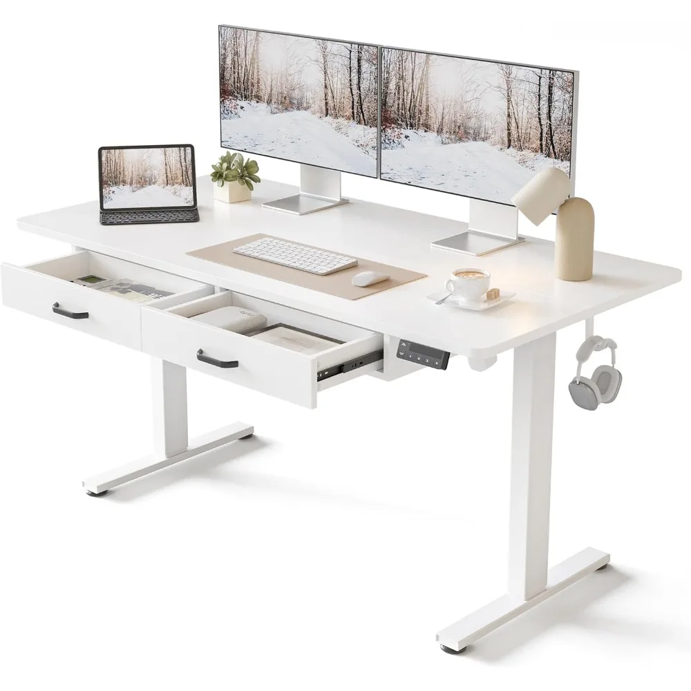 

Standing Desk with Double Drawer, 55 x 24 Inches Adjustable Height Electric Stand up Desk, Ergonomic Workstation White Frame/Wh