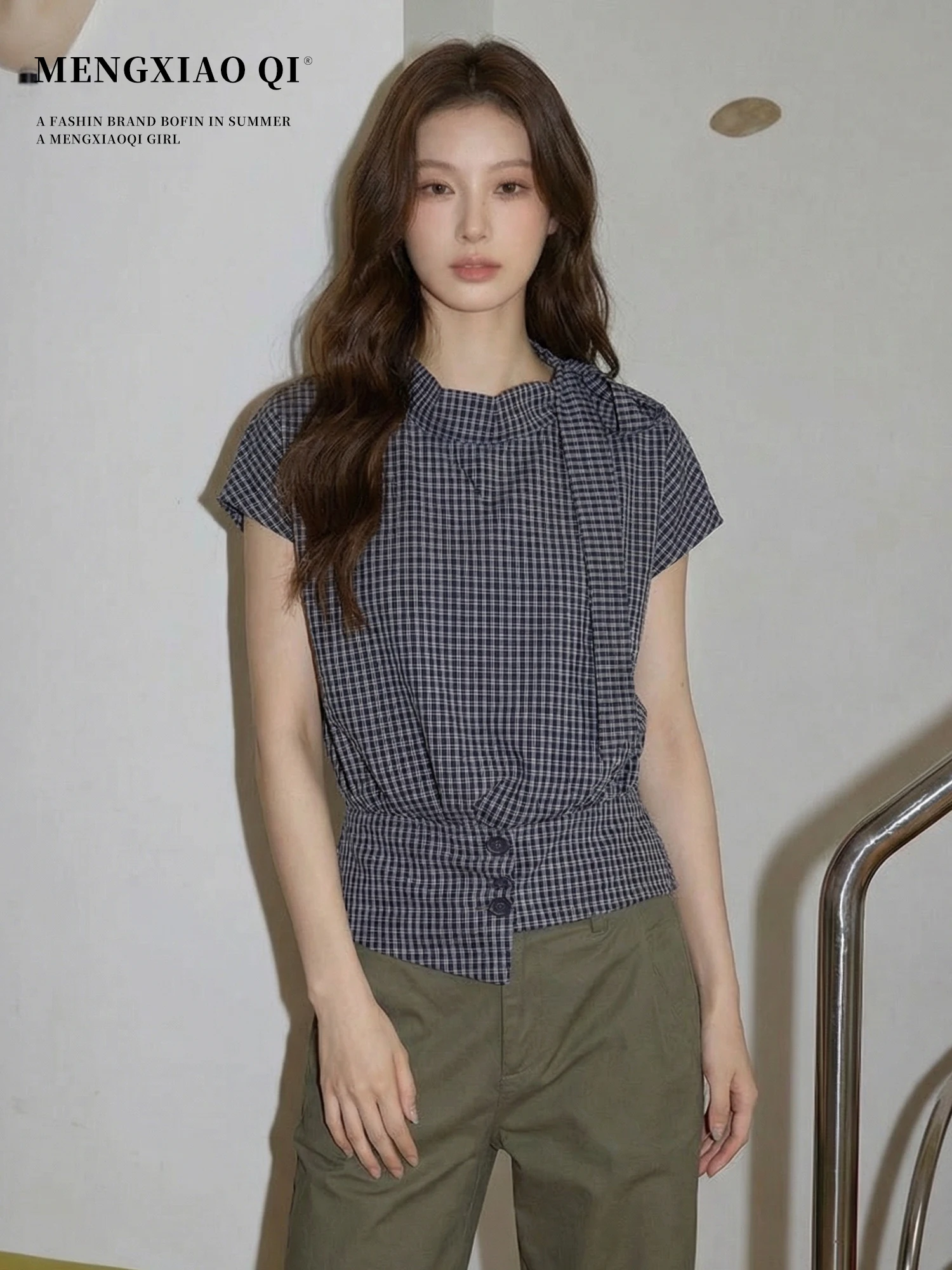 

Женская рубашка в клетку Meng Xiaoqi с коротким рукавом, приталенная, повседневная, летняя, с завышенной талией, универсальная, в ретро-стиле, дышащая