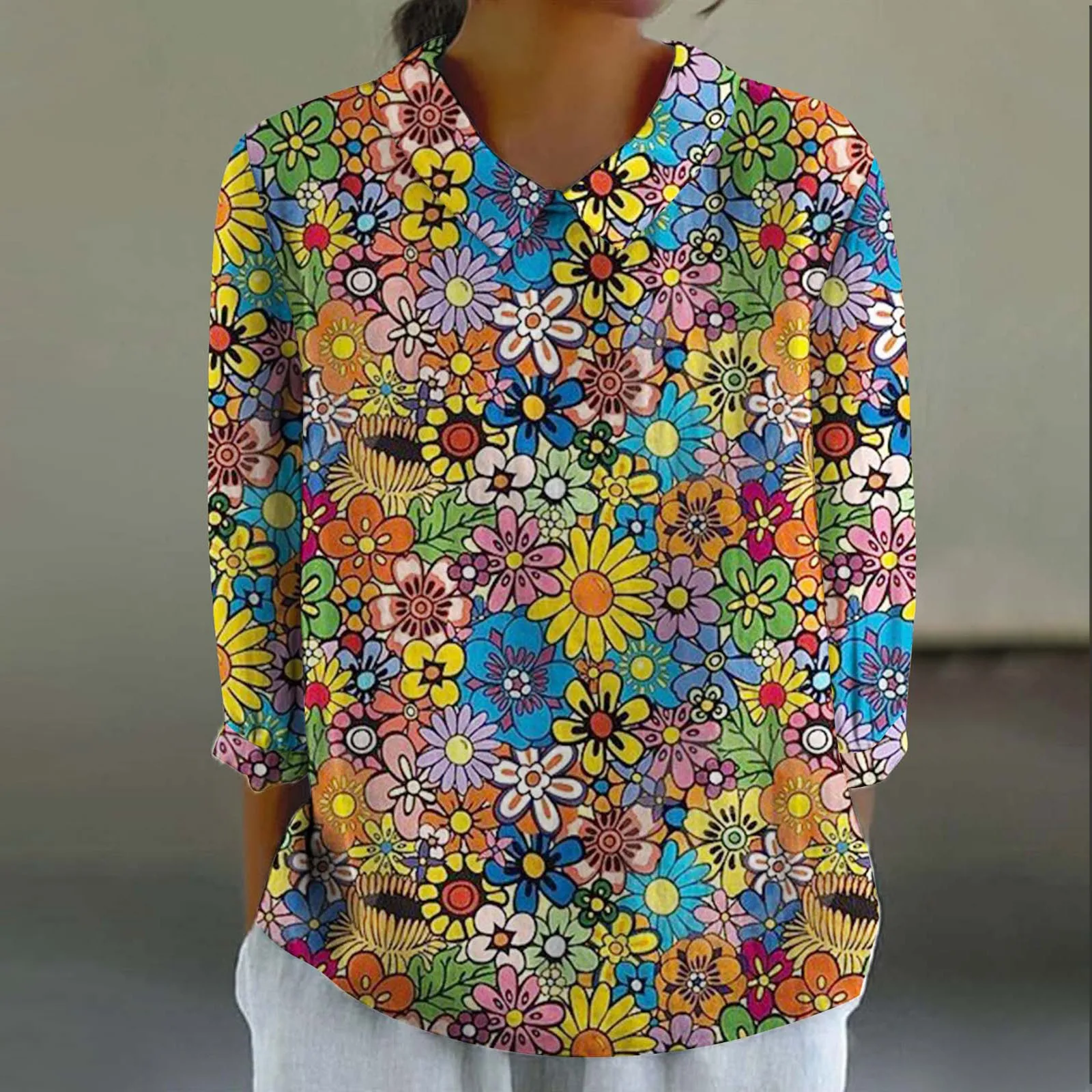 Summer Floral Print Blouse Women Casual Solid Shirts 3/4 Puff Sleeve Buttons Cotton Blusas Work Tops Casual Party Tunic 2024