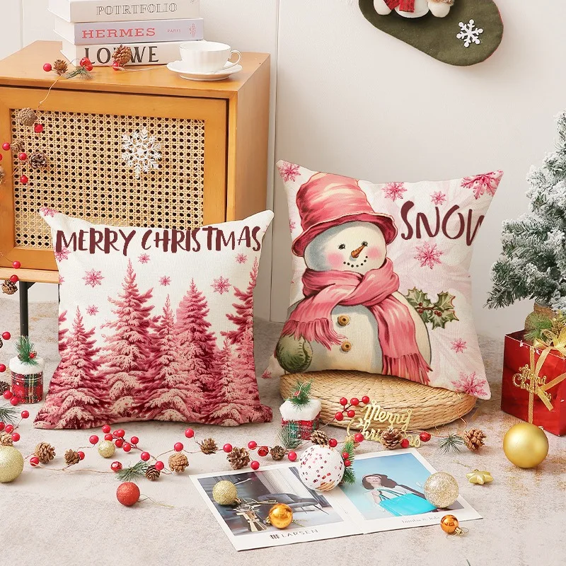

45cm Pink Christmas Cartoon Cushion Cover Santa Snowman Xmas Tree Pillowcase Merry Christmas Decor Happy New Year 2026 Home Dec