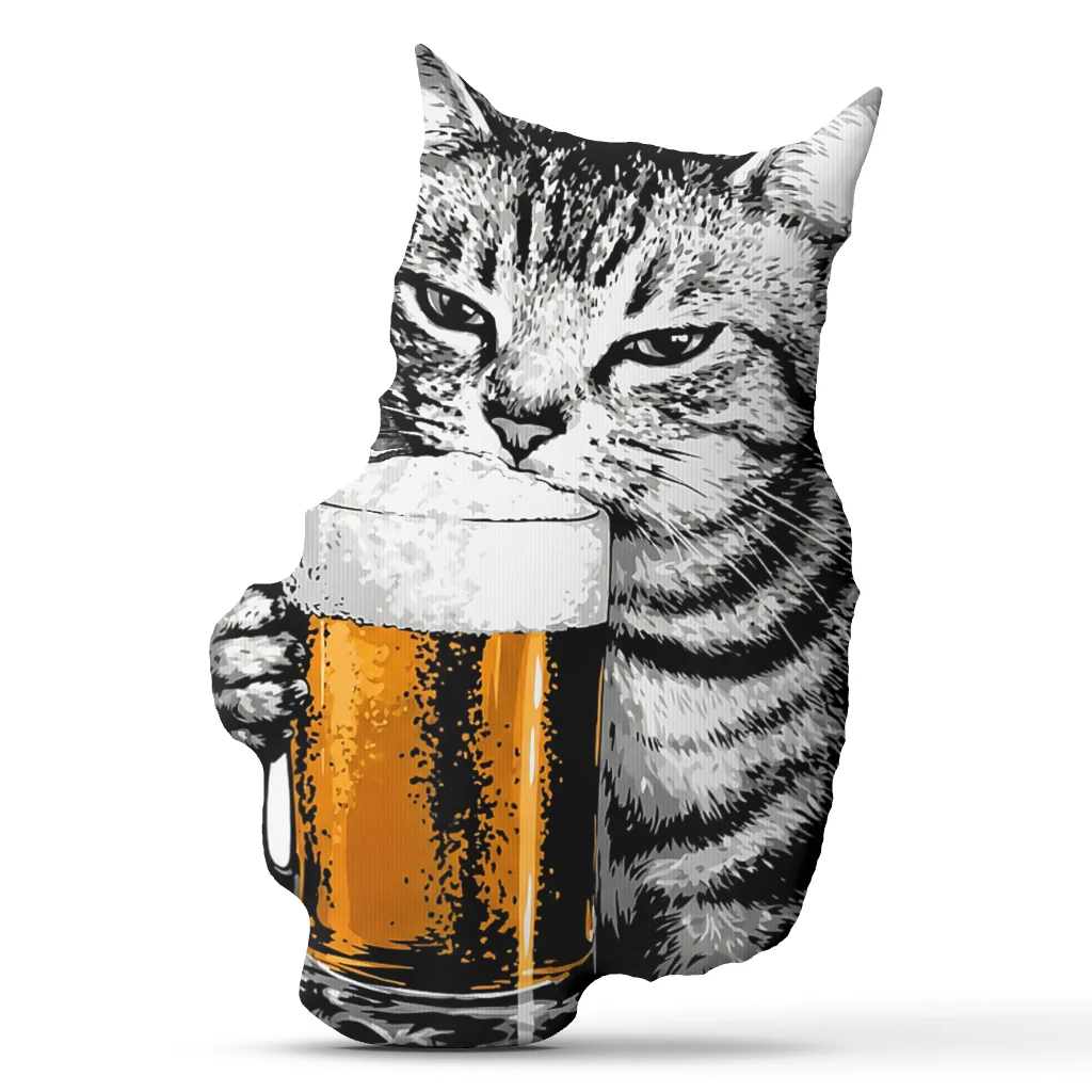 Funny Cat Holding Beer Y2K Meme Plush Pillow Cushion Irregular Stuffed Throw Pillows for Home Decor Gift Sofa Couch Bed