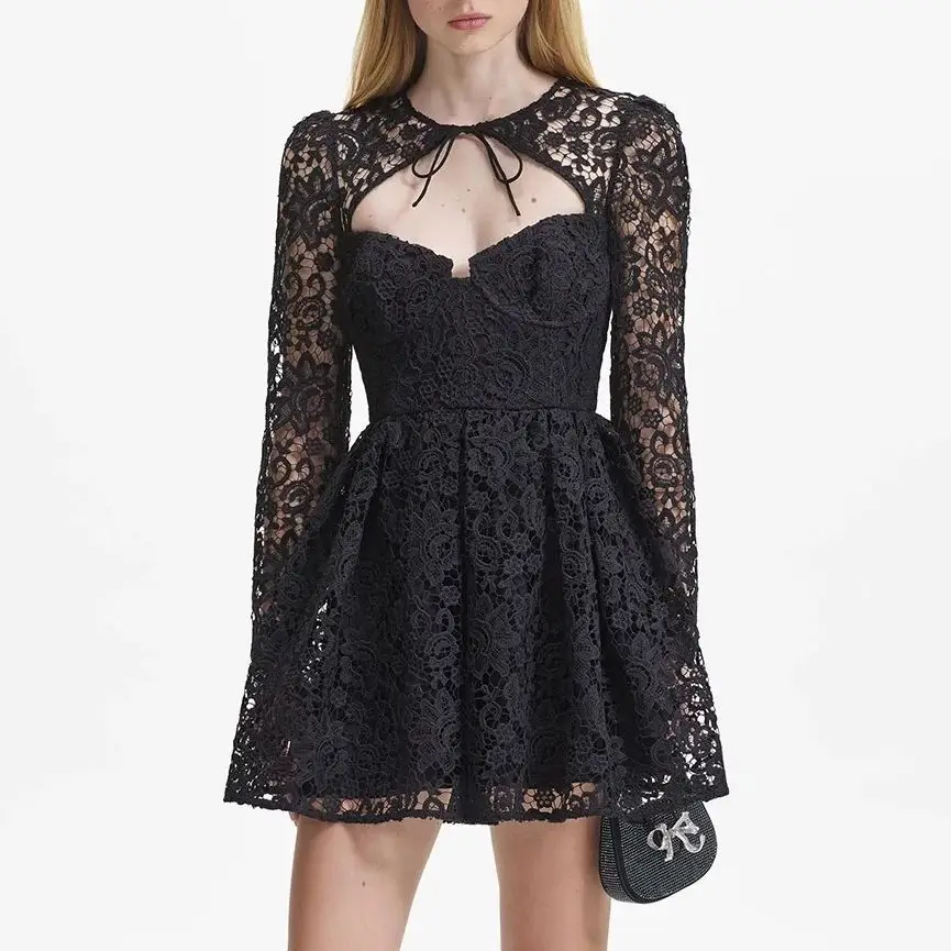 

Women Black hollowed lace dress lace up long sleeved mini dress