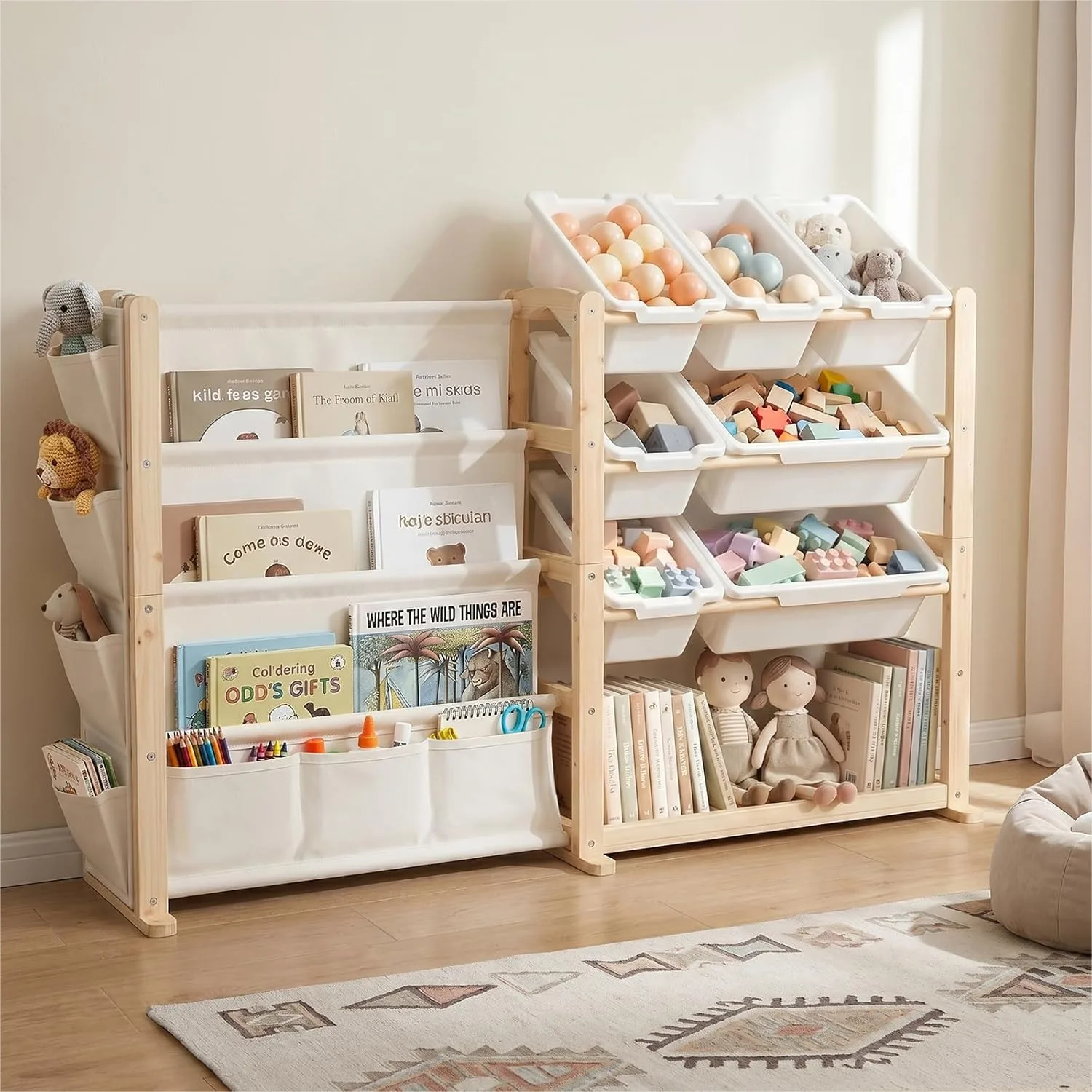

Kids Bookshelf with Toy Storage Organizer, Solid Wood 7-Bin Shelf for Nursery Playroom, Natural Pine