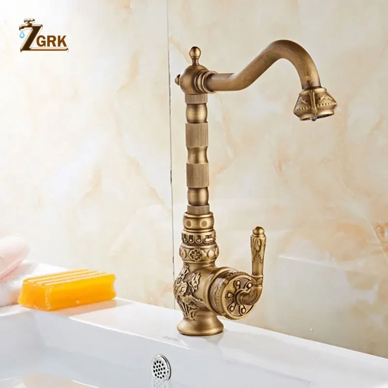 ZGRK Bathroom Basin Faucets Antique Brass Single Handle Hot Cold Mixer Taps Luxury Antique Deck Mounted Sink Mixer Tap