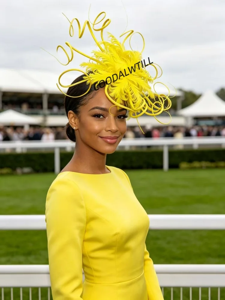 Yellow Feather Fascinator Headband Curly  Loops Headpiece Women Royal Ascot Race Day Hat Wedding Tea Party Hair Accessories