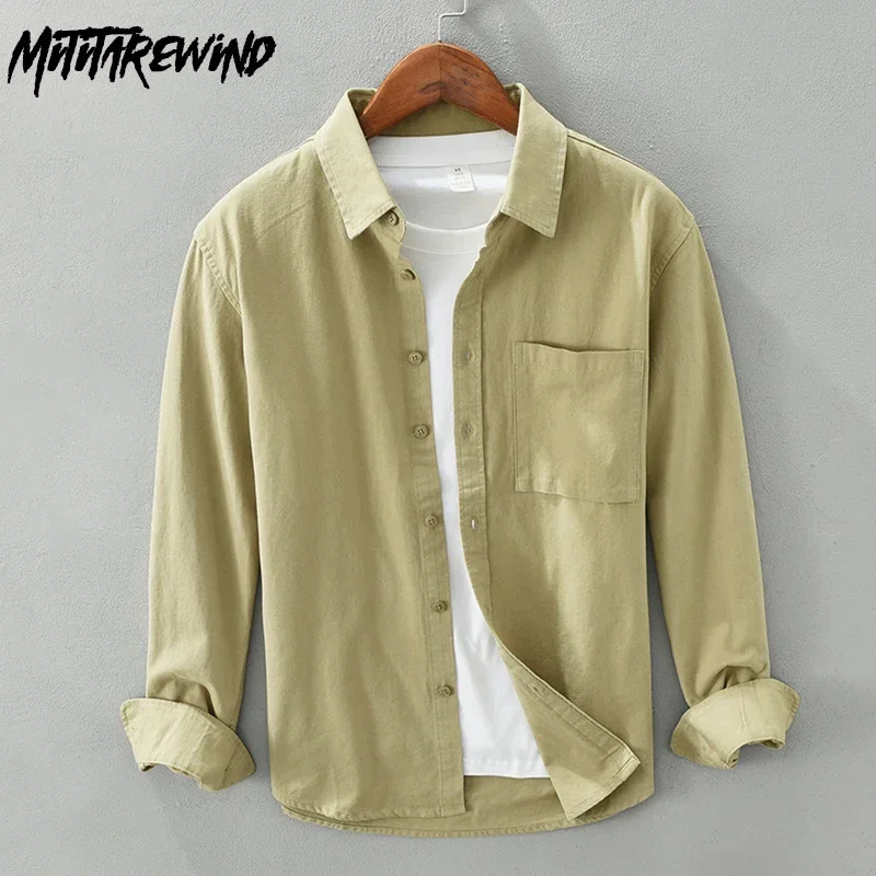 

Spring Summer Men's Shirts Daily Casual Long Sleeve Khaki Shirt Lapel Pocket 100% Cotton Button Up Shirt Men Simple Tops Comfort