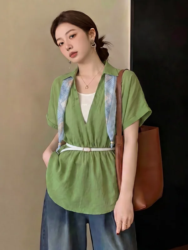 

Green V-Neck Short Sleeve Shirt Women's Loose Fit Waist-Cinching Shoulder-Length Top Two-Piece Set Summer New Style plus Size
