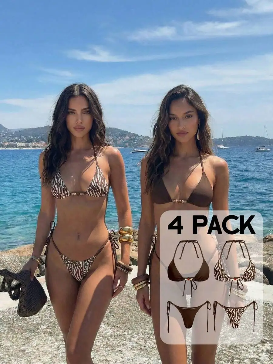 

4 Pack Women Sexy Vintage Zebra Print Triangle Halter Tie Bikini Swimwear Set Summer