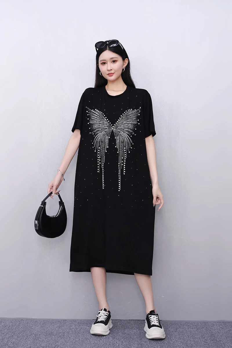 2025 الربيع الصيف موضة أنيقة سوداء س الرقبة فضفاضة طويلة تي شيرت فساتين النساء فستان قصير الأكمام السيدات J1087