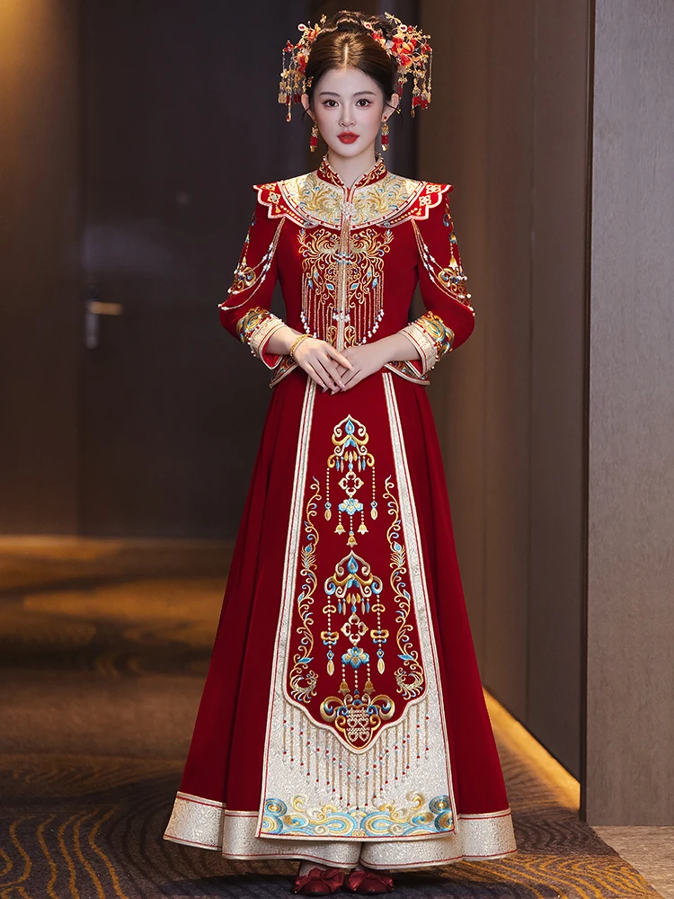 

2025 New Winter Chinese Sle Wedding Dr Small Size Bridal Gown for Entrance ow And Drinking Ceremony round Collar Embro...