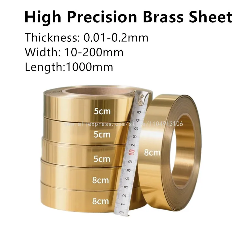 Brass Sheet Foil Plate 0.01-0.2mm Thick 10-200mm Width 1000mm Length Pure Brass Flat Metal Sheet for DIY Industrial Electronic