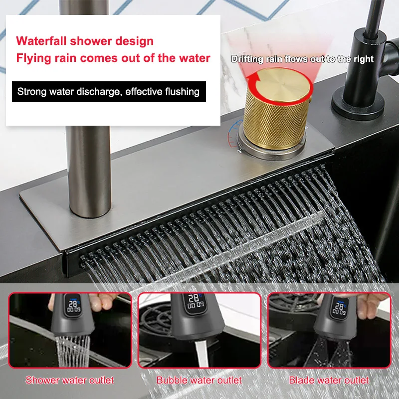 Waterfall Kitchen Sink 304 Stainless Steel Sink Large Single Slot With Multifunction Vegetable Washing Basin Waterfall Faucet