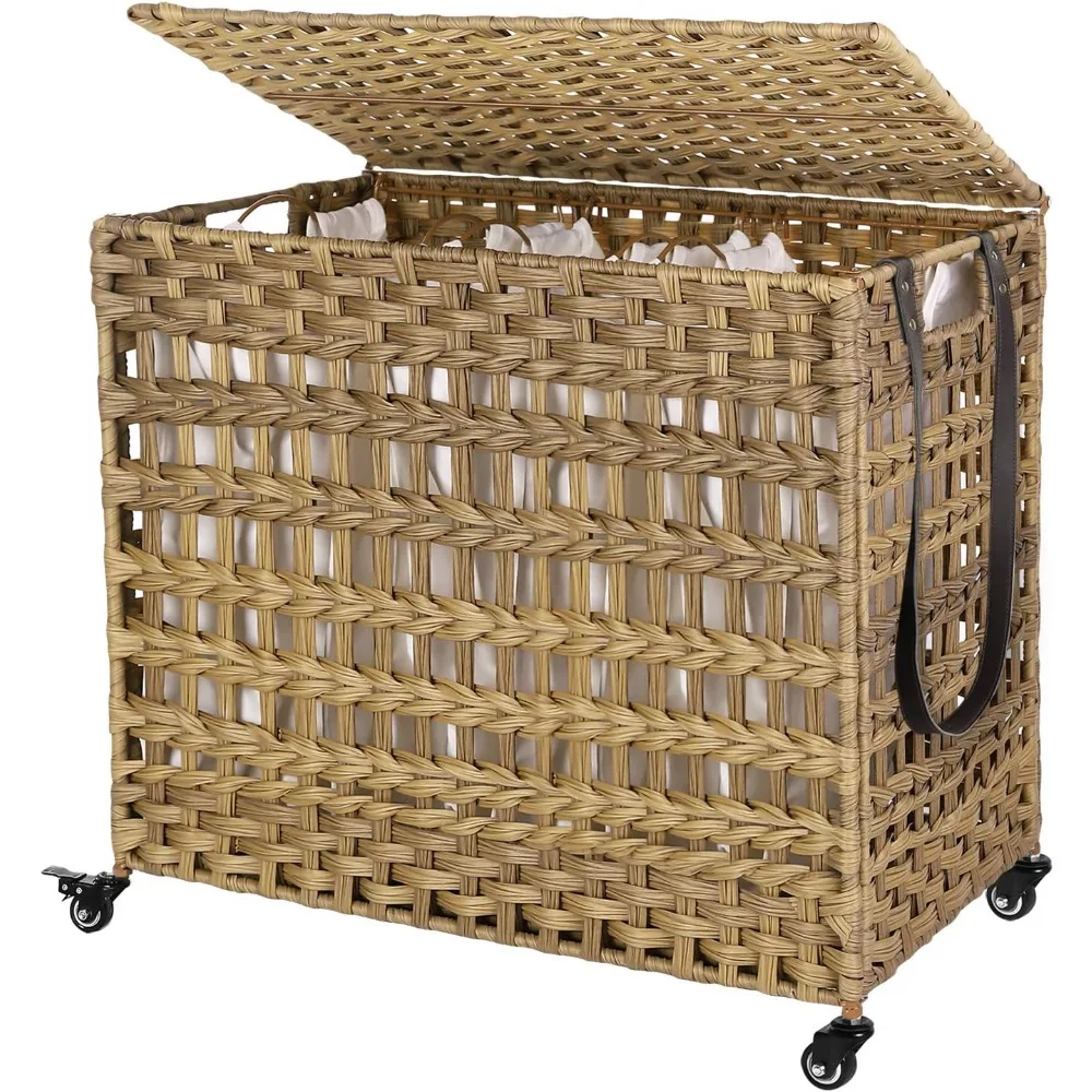 140L Synthetic Rattan Laundry Basket with Lid, Wheels and 3 Removable Linings