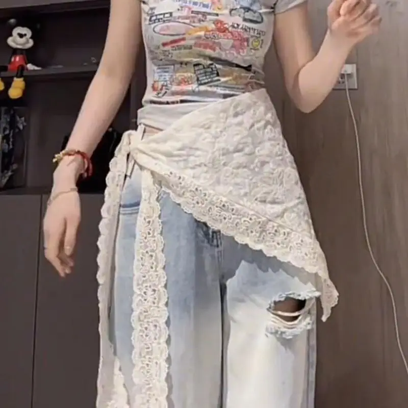 Sweet Y2k Aesthetic Lace Embroidery Skirt Women Layering All-match Lacing Triangular Binder Buttcurtain Versatile Headband Shawl