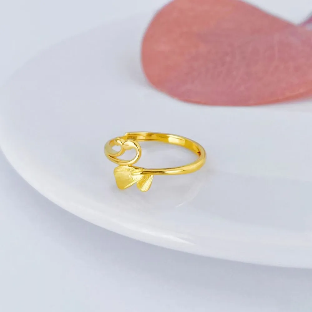 Real Pure 999 24K Yellow Gold Band Women Lucky Special Leaf Small Ring 1.84g 