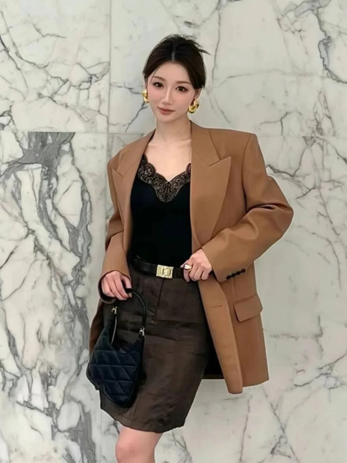 

Retro awl Collar Casual Sle Profional Suiting Outerwear Simple Versatile Autumn Winter Polyester Long Sve Coat