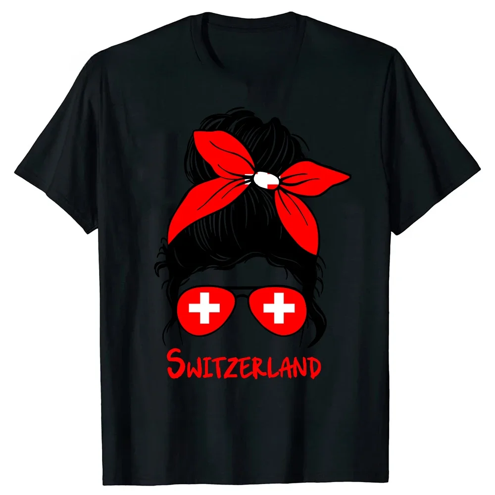 Tee Tops Round Neck Short-Sleeve Fashion funny Clothing Casual Basic T-shirts Funny Swiss Switzerland Girl Flag T Shirts cotton