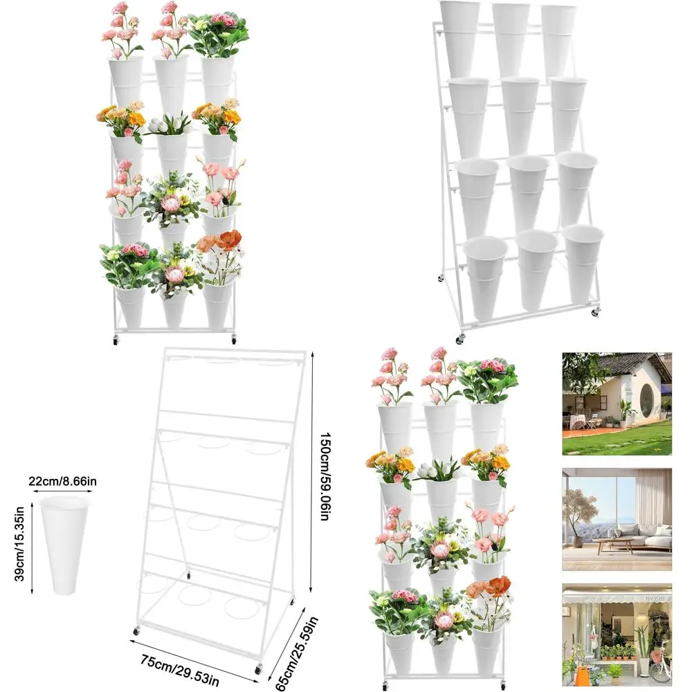 

Commercial Metal Flower Display Cart with 12 Buckets, 3-Tier Plant Rack on Wheels, Bouquet Holder for Floral Arrangements and Ba