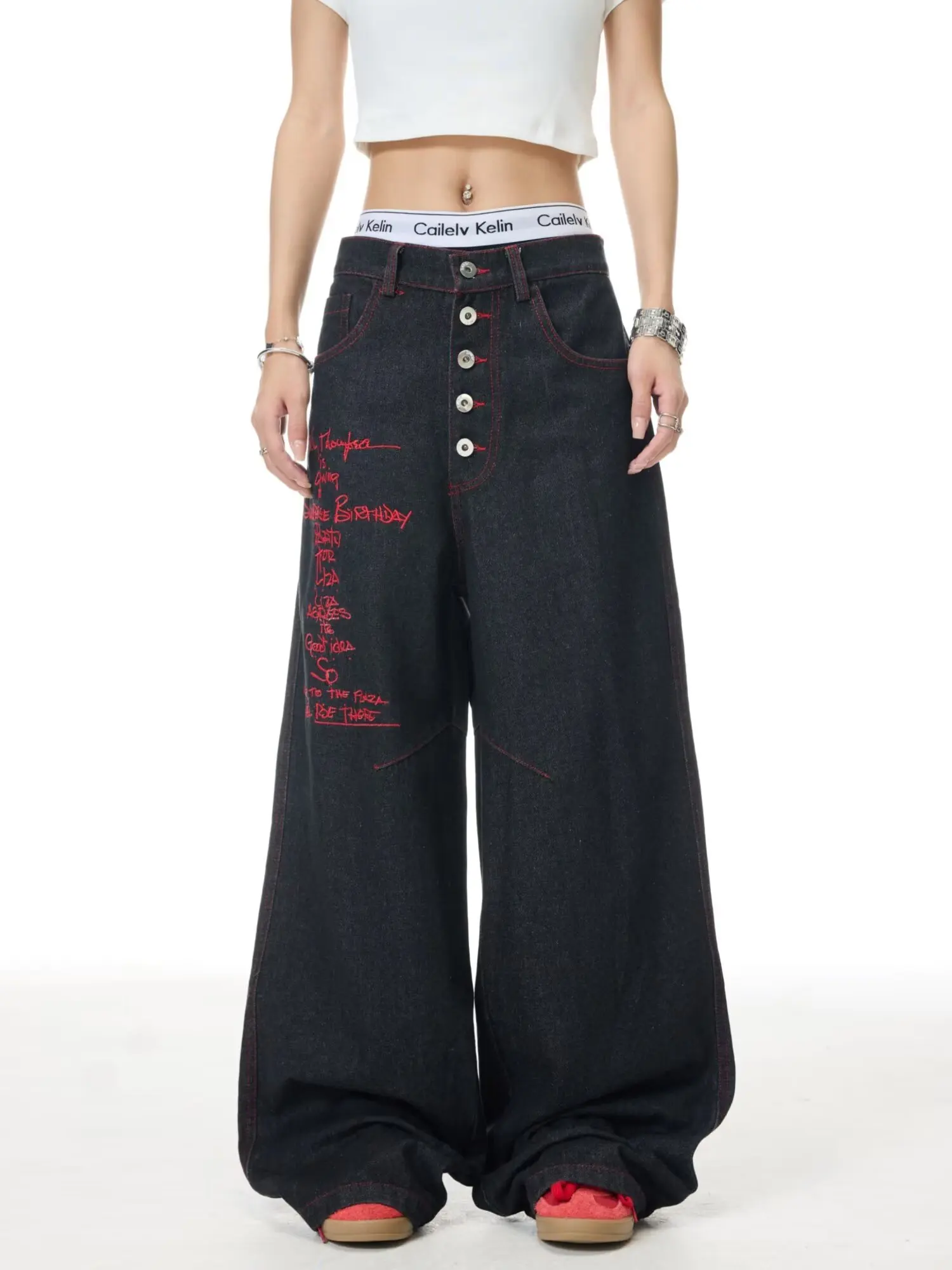 

Женские широкие джинсы с высокой талией и буквенным принтом для четырех сезонов, новые стираные повседневные универсальные свободные брюки Y2k