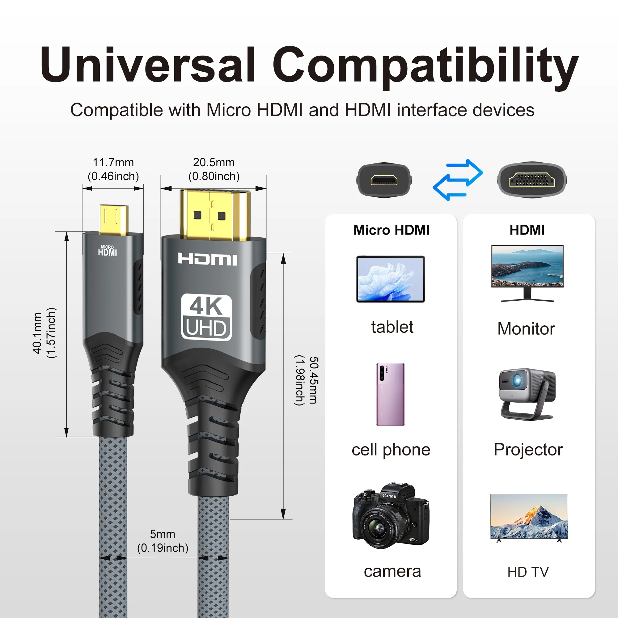 Micro HDMI-kompatibel zu HDMI Kabel 18 Gbit/s 4K @ 60 Hz Geflochtener bidirektionaler Adapter Konverter für HDTV PS4 Tablet XBOX Kamera – Detail 5