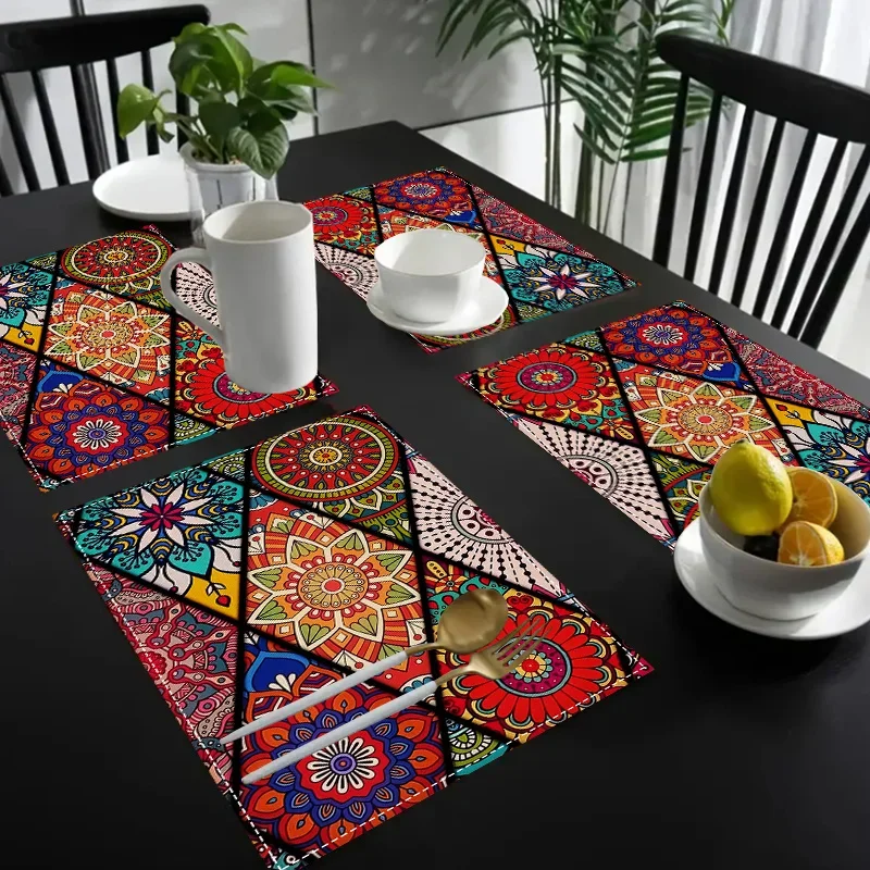 

Set of 4 Bohemian Mandala placemats, 12x18 inch linen rectangular table mats, Mexican ethnic traditional pattern tablecloths
