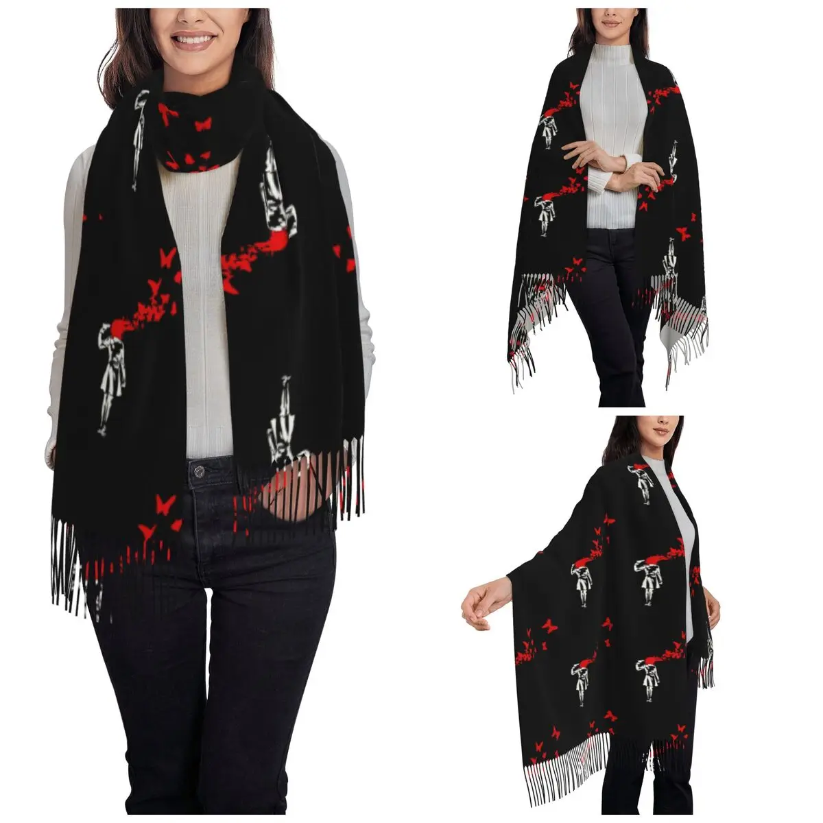 Womens Scarf with Tassel Banksy Butterfly Shooting Long Winter Warm Shawl and Wrap Graffiti Paint Daily Wear Pashmina Scarves