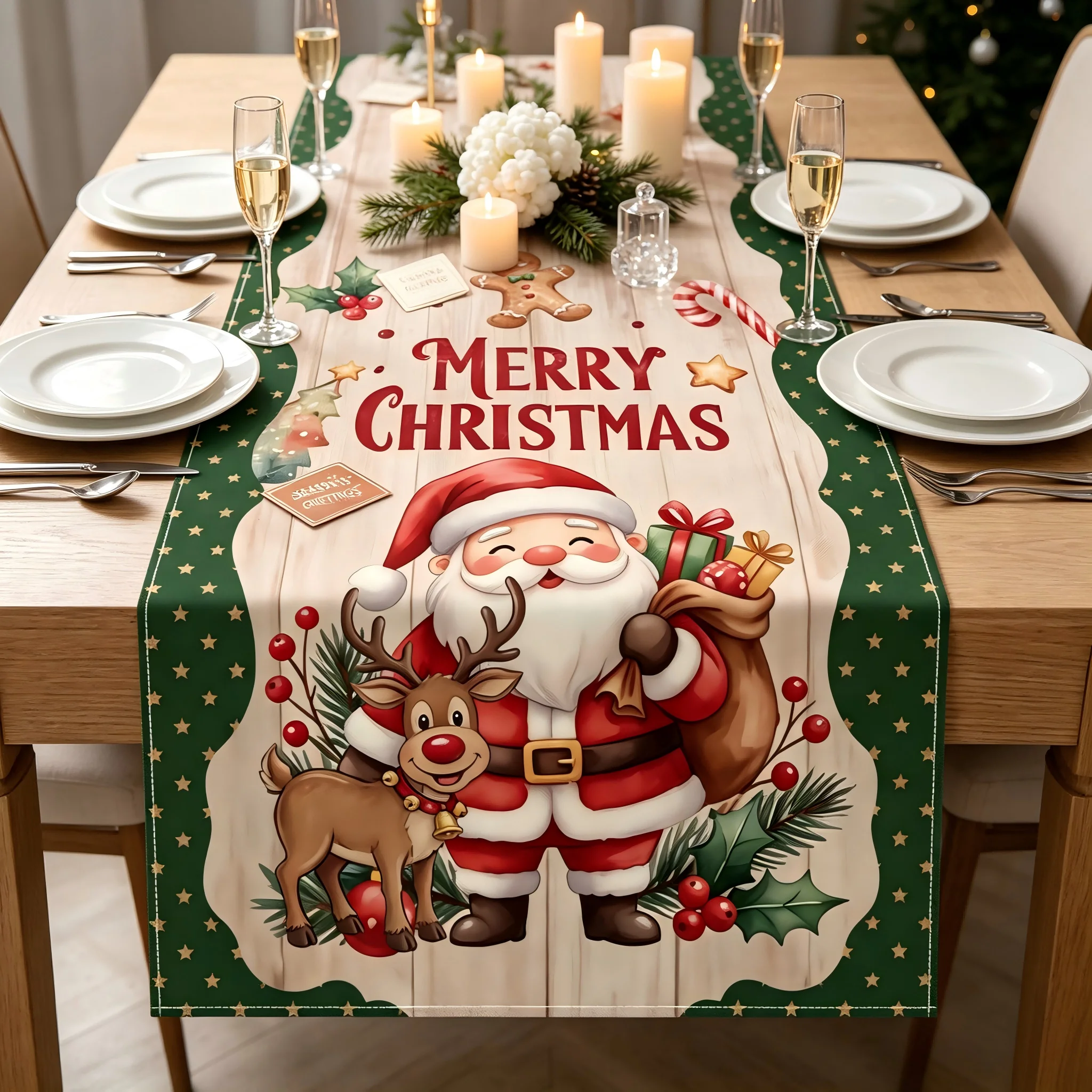 Christmas Table Runner Snowflakes Gingerbread Man Christmas Tree Star Candy Cane Festive Christmas Table Decorations