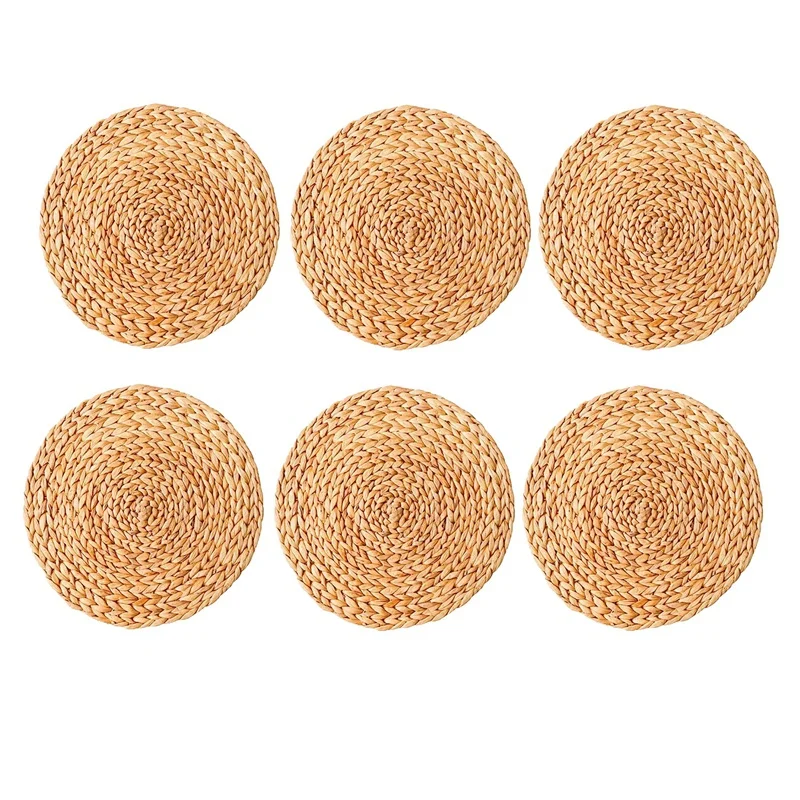 Round Woven Placemats, Natural Water Hyacinth Placemats, Braided Straw Rattan Table Mats 6Pack