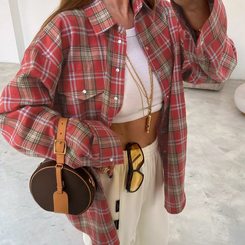 

Spring Autumn Loose Plaid Shirt Women's Retro Pocket Long Sleeve Shirt Coat Womens Tops 하라주쿠 패션 Blouse Women Camisas E Blusas